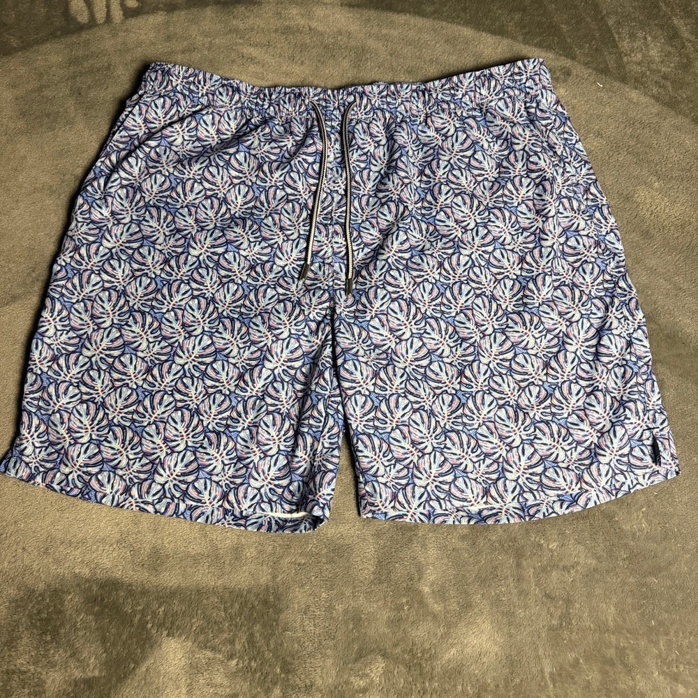 Peter Millar Mens XL Lined Swim Trunks 7.5" Seaside Collection Blue Pink Leaf